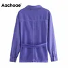 Aachoae Streetwear 100% coton Demim veste femmes à manches longues poches manteau avec ceinture solide col rabattu mode vestes 210413