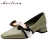 Women Shoes Med Heels Natural Genuine Leather Block Heel Pumps Bow Square Toe Ladies Footwear Spring Green 40 210517