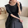 Korejpaa Kvinnor Klänning Koreansk Fashion Chic Elegant Pläterad Ruffles Side Stitching Back Tied Bubble Sleeve Long Vestido Kvinna 210526