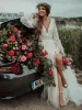 Wedding Boho Dresses Bridal Gown V Neck Long Poet Sleeves Lace Applique Beaded Crystals A Line Sweep Train Side Slit Vestido De Novia estido