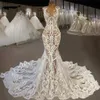 Sheer Lace Mermaid Bröllopsklänningar Långt tåg 2021 Couture V Neck Illusion Bridal Gown Plus Storlek Robes Bride Dresses Vestido de Noiva