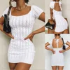 Summer knitted holiday A-Line dress for womens sexy square neck halter strap sweater short casual mini women 210508