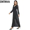 Women's Bling Lantern Sleeve Dress Sexy V-neck High Waist Vintage Long Ankle Length Black Party Dinner Night Gowns 210527