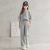 Urso líder meninas adolescentes roupas casuais moda crianças manga curta capuz top calças roupas crianças ativos tracksuits 5-13Y 210708