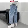 LAPPSTER Männer Koreanische Streetwear Breite Beine Baggy Jeans Herren Herbst Harajuku Vintage Blau Denim Hosen Männliche Casual Cargo Hosen 211120
