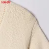 Tangada Women Beading Buttons Beige Crop Cardigan Vintage Jumper Short Style Knitted Cardigan Coat 6H32 210609