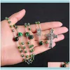 Necklaces & Pendants Jewelrykomi Vintage Round Green Grass Stone Bead Cross Pendant Rasary Catholic Long Necklace Jewelry Wholesale R-149 Dr