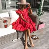 Retro Boy Patchwork Elbise kadın Zarif O-Boyun Yarım Kollu Midi Elbiseler Yaz Kadın Bir Çizgi Ruffled Sundress Vestidos Y220214