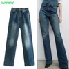 Весна лето синий винтаж высокая талия женские джинсы модные уличные одежды прямые ноги женщина карманы дизайн прохладительные брюки 210430
