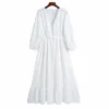 Women Summer ZA White V-Neck Dress 3/4 Sleeve Buttons Bow Tie Slim Casual Female Elegant Party A-Line Dresses Clothes Vestidos 210513