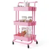 3 Tier Rolling Cart W / Wielen Praktische Handlebo's Opslag Mand Organizer Pink 210705