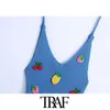Traf Women Fashion Patchwork Fruit Fruit Haftowe Topy Tank Vintage V Szyf