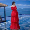 Sexy Off The Shoulder Slash Neck Cascading Ruffles Pleated Split Long Summer Women Self Portrait Runway Maxi Dress 210416