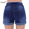 Liooil Casual Blue Denim High Cintura Shorts Mulheres Roupas Streetwear Algodão Lace-up Sexy Slim Rave Jean Com Bolsos 210714