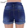 Liooil Casual Blue Denim High Taille Shorts Femmes Vêtements Streetwear Coton Lacets Sexy Slim Rave Jean avec poches 210714