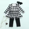 3Pcs Little Girls Outfit Sweet Style Plaid/Solid Lace Splicing Wide Hem Long Sleeve Round Collar Tops + Pants + Headwear 1-6T