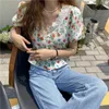 High Street Printed V-Neck Lace Girls Casual Mangas cortas Florales Sweet Basic OL Summer Gentle All Match Shirts 210525
