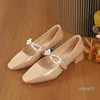 Dress Shoes Patent Leather Mary Jane Women Block Heel Buckle Strap Pearl Ladies Pumps Fashion Party Wedding Square