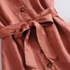 Летние Женщины Без рукавов Розовое мини-платье Повернуть воротник Повседневная кнопка Рубашка Офис Дамы Sashes ES 210515