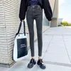 Höst all-match kläder med grå blå hög midja jeans mager kvinna streetwear denim byxor vintage 10732 210518