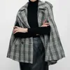 女性のファッションレトロなエレガントな格子縞のクローキングの女性二重抽選Lラペルノースリーブジャケットシックトップ210520