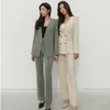 Vår och höst Kvinnors Office Suit V-Neck Green Two-Piece Sats Kvinna Blazer Girly Elegant Temperament Pantsuit Setup Ladies 210930