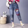 9180 vrouwen zomer harem jeans hoge taille cartoon meisje borduurwerk gescheurd vintage vrouwelijke losse casual enkel lengte denim broek 210708