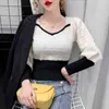 Female Winter Receive Waist Slim Knitting Tops Vintage Patehwork Puff Sleeve Short Pullovers Thickened Sweaters Lady 210514