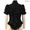 Elegant Women Shirts Medieval Steampunk Victorian Blouse Vintage Chiffon Short Sleeve Shirt V-neck Tops Corset Lacing Costume