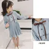 Kids Dress Girl Long Sleeve Tie Bow Children Clothing Pleated Autumn Casual 210515