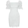 Donne di estate Celebrity Evening White Lace Party Dress Abiti eleganti colletto quadrato manica a sbuffo aderente mini abiti slim 210518