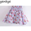 Zomer vrouwen zoete bloemen print cake prinses jurk sexy vierkante nek bladerdeeg mouw mini-robe elegante dames chic vestido 210430