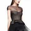[DEAT] Women Black Round Neck High Waist Short Sleeve Solid Color Hollow Out Loose Sexy Dress Summer Fashion 13C600 210527