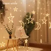 Decorazione natalizia Luci per tende Stelle Luna Finestra Ghiacciolo Luce Telecomando Sfondo natalizio Stringa Lucine 8 modalità per casa Camera da letto Festa di nozze Parete