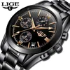 Lige Hommes Montres Top Marque De Luxe Mode Business Quartz Montre Hommes Sports Plein Acier Étanche Noir Horloge Relogio Masculino Q0524