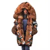 Y2K冬の暖かいコート女性の毛皮の襟フード付き中長綿厚い女性のファッションプリントParka 210515