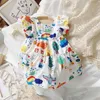 Summer Sundresses Korean Style Puff Sleeve Chiffon Dress Halter Cartoon Graffiti Dress for Teenager 12 Q0716