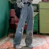 Street Hip Hop Womens Plus Size Calças de Jeans Bonitas Retro Cintura Alta Largura Pants BF Loose Selta Selta Jean 210809