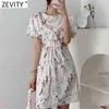 Women Sweet Floral Print Waist Pleats Hollow Out Casual Slim A Line Dress Female O Neck Back Zipper Chic Vestidos DS8303 210416