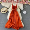 Femmes Sexy Orange Spaghetti Sangle Longue Robe Femmes Été Vacances Plage Big Swinger Party Maxi Robes Femme 2021 Nouvelle Mode Y0603