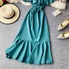 Korobov zomer bohemien strand jurk slash nek off schouder ruches vintage jurken hoge taille trompet elegante vestidos 210430