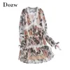 Floral Print Chiffon Dress Sexy Deep V-neck Beach Boho Embroidery Lace Patchwork Mini Sundress Vestidos de fiesta 210515