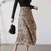 Herbst Sommer Elegante Leopard-print rock frauen koreanische midi A-linie spitze up chiffon leopard rock Frauen rock 210514