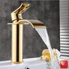 Basin Faucet Gold And White Waterfall Brass Bathroom Mixer Tap Cold Sink Faucets