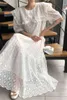 Elegant Big Lapel Lace Hook Dress Kvinnors sommar Loose High Waist Puff Sleeve Mid-Calf Dresses Kvinna 5c761 210427