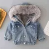 Winter Baby Girl Warm Thick Denim Jacket Fur Hooded Toddler Outerwear Cotton Kids Boys Parkas Children 211204