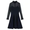 Casual Dresses Plus Size Stand Mini Dress Club Wear för damer Hög midja Svart kvinnor Mesh Patchwork Pleated Vintage Summer