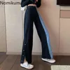 Nomikuma Contrast Color Dżinsy Kobiety Wysoka Talia Denim Szerokie Nogi Spodnie Boczne Przyciski Casual Proste Spodnie Koreańskie Pantalones 210514