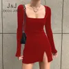 Retro Velvet Women Mini Dress Long Sleeve Square Collar Slim Dress Vestido Bodycon Solid Color Elegent Split Clothes Vintage 210518