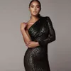 Summer Women Fashion One Shoulder Dress Sexy Long Sleeve Sequins Black Club Celebrity Runway Party Vestidos 210423